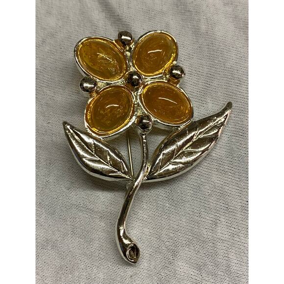 SFJ Floral Brooch With Amber And Silver Color 1970 - Picture 1 of 4